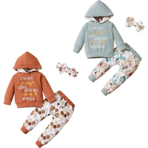 2021-06-24 Lioraitiin 0-24M Infant Baby Girl’s T-shirt Trousers Suit Fresh Letter Long Sleeve Hoodies Flower Long Pants Headband