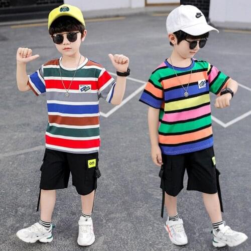 Baby Boy Clothes Kids Summer Clothing Sets Childrens Cotton Multi-Color Striped Tops+ Black Cargo Pants Sets Boys Fashion Sets