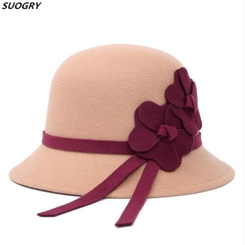 2018 New Korea Women Wool Felt Hats Autumn Winter Flower Fedoras Round Top Cloche Hats Solid Black Red Female Church Hats