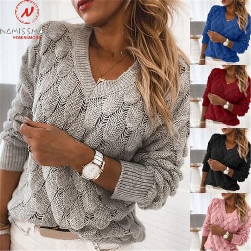 Fashion Women Casual Loose Sweaters Hollow Out Design See Through V-Neck Long Sleeve Solid Color Autumn Winter Knitted Top