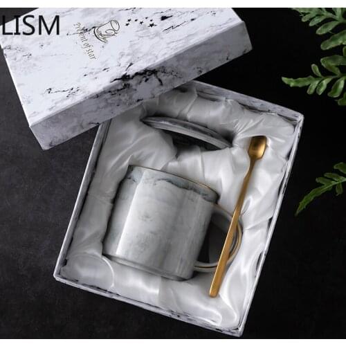 Marble Ceramic Coffee Mug with Lid Spoon Gold Luxury Nordic Coffee Cup Couple Pink Blue Water Bottle Tea Cups Tazas Para Cafe