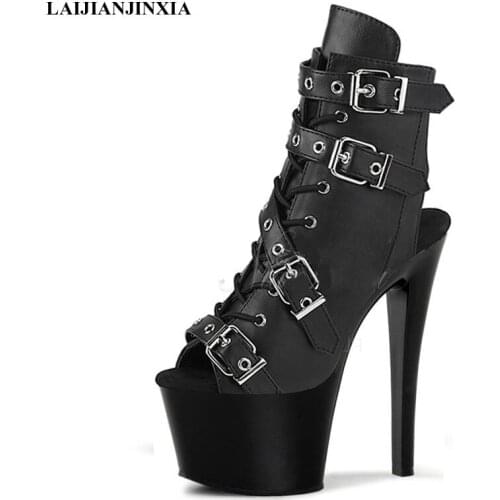 LAIJIANJINXIA New Low Tube Ankle Boots 17 Cm High heeled Shoes Super Big Size Black Thick Platform Novelty 7 inches Models Boots