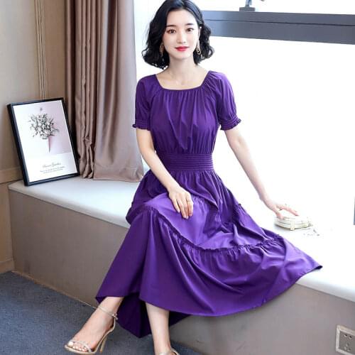 Solid Color Short Sleeve Waist Thin Tea-length A-line Plus Size Temperament Simple Green Purple Red Women Summer Dress