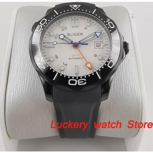 41mm bliger Luxury watch white dial Luminous saphire glass;Rubber Strap GMT Automatic mens Mechanical Watches-BA187