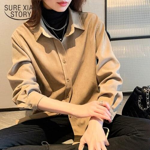 Womens Shirts Autumn Winter Hong Kong Style Retro Long Sleeve Frosted Shirts White Blouses Coat Fashion Chemisier Femme 12356