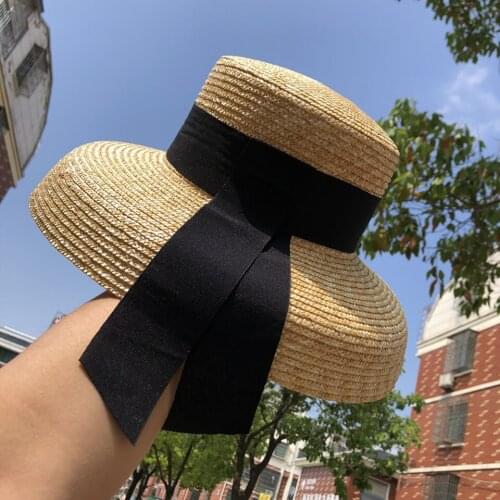 Fashion Summer Ribbon Hat Sun Cap Women Natural Wheat Panama Straw Hats 10cm Wide Brim Holiday Beach Hat For Ladies Sun Cap