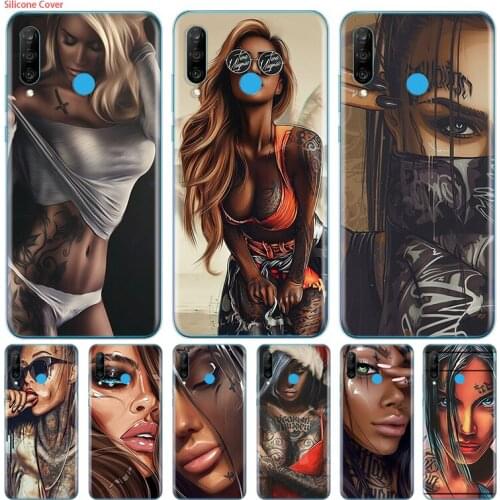 Sexy Sleeve Tattoo Girl Silicone Cover For Huawei P40 P30 P20 P10 P9 P8 Pro Plus Lite E Mini 2019 2017 Phone Case