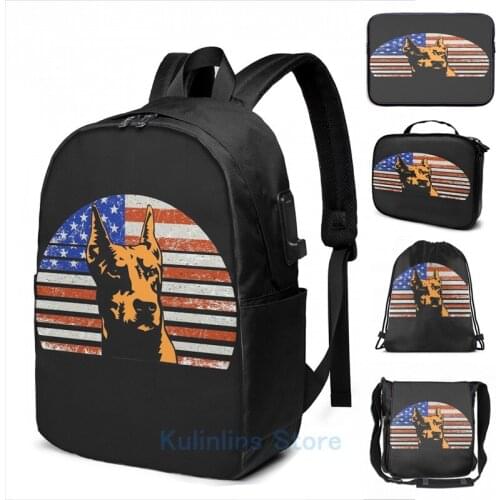 Graphic print Doberman Vintage dog on American flag- Doberman DAD and MOM Gift USB Charge Backpack men School Travel laptop bag