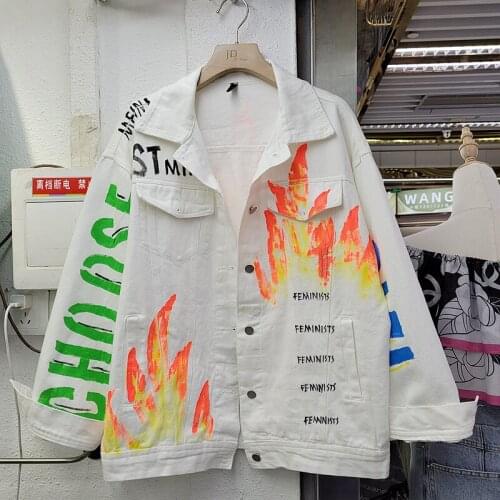 Autumn New Womens White Denim Jacket Streetwear Long Sleeve Lapel Pocket Fashion Graffiti Print Jeans Coat Female Clothes G1340
