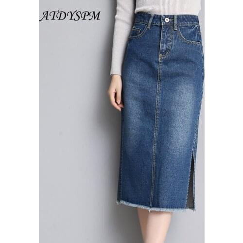 High Waist Women Denim Skirts Elegant Two Side Slit Tassel Jeans Skirts Womens Casual Bodycon Straight Midi Skirt Jupe Femme