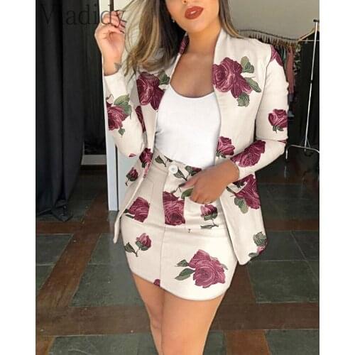 Women Floral Print Open Front Detail Blazer & Mini Skirt Set