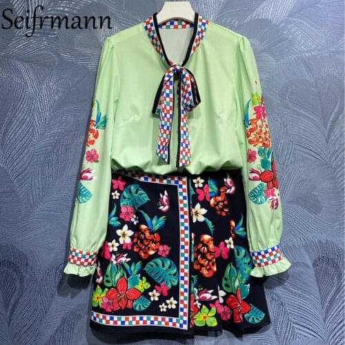 Seifrmann New 2021 Summer Women Fashion Runway Skirts Set Flare Sleeve Loose Blouses + High Waist Print Skirts 2 Two Pieces Suit