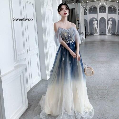 V-neck Blue party Dress Women Elegant Moon Star Sequins Long Party Dress New Style 2020 Off Shoulder Lady Vestido de novia