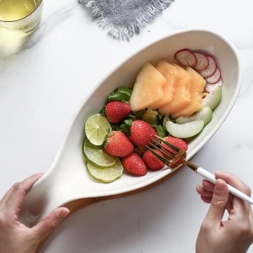 Simple White Large-capacity Ceramic Fruit Plate with Wooden Base Salad Dessert Bowl Living Room Table Decoration Home Decoration
