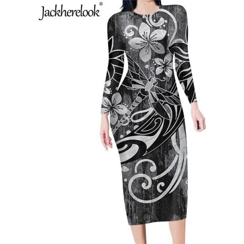 Jackherelook Black Sexy Bodycon Slim Dress for Womens Polynesian Tribal Tattoo Flower Print Office Ladys Elegant Party Dresses
