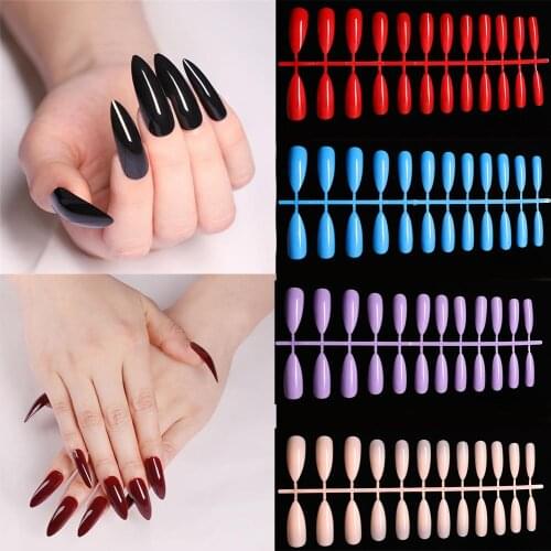24Pcs Black Extra Long False Nails Stiletto Tips Sharp End Stilettos Fake Nail UV Gel Manicure Easy Apply Artificial Nails Salon