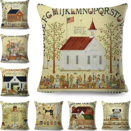 Colorful Cartoon House Cushion Cover Decor Retro Rural Color Cities Pillow Case Polyester Pillowcase for Sofa Home Car 45x45cm
