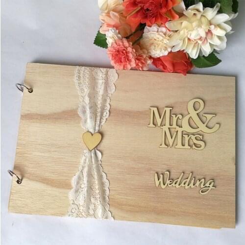 Mr&Mrs Wooden Guest Book Wedding Engraved Photo Album Memory Anniversary Decorations Guestbook Autograph with 20 Blank Pages