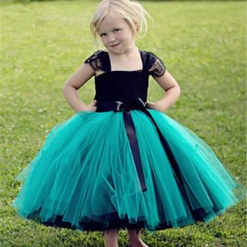 Green girl flower long figure childrens fluffy Crochet Tulle figure prom dress with ribbon bow childrens party dress