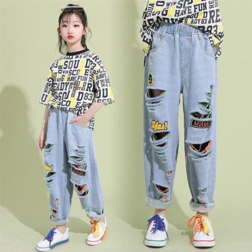 Fashion 3 to 14 Years Girls Jeans Soft Thin Cotton Denim Pants Colorful Patch Broken Holes Loose Jeans Student Girls Trousers