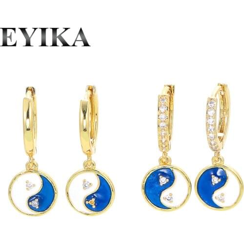 EYIKA New Tai Chi Yin Yang Blue and White Enamel Hoop Earrings Women Designer Creativity Jewelry Zircon Gold Piercing Aretes