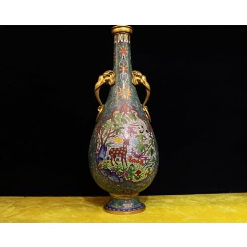 22" Chinese Bronze Cloisonne 24K Gold Deer Red-Crowned Crane Elephant Vase Pot