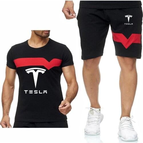 New 2021 Summer for Tesla Car Logo casual male Splice Cotton Crew neck Short Sleeve Mens T-Shirt Pants Suit 2Pcs