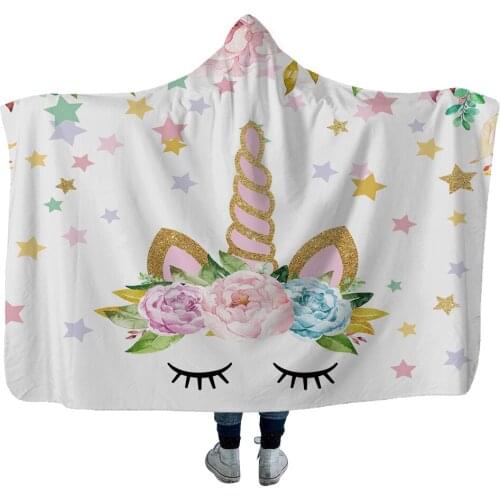 Custom 3D Printed Unicorn Blanket Hooded Sherpa Fleece Wearable plush Warm On Bed Sofa Thick Warm Throw Blanket Bedding Dropship