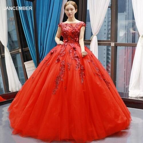 J66759 jancember red bridal dresses wedding party o-neck cap sleeves floor length ball gown prom dress evening robe de soiree