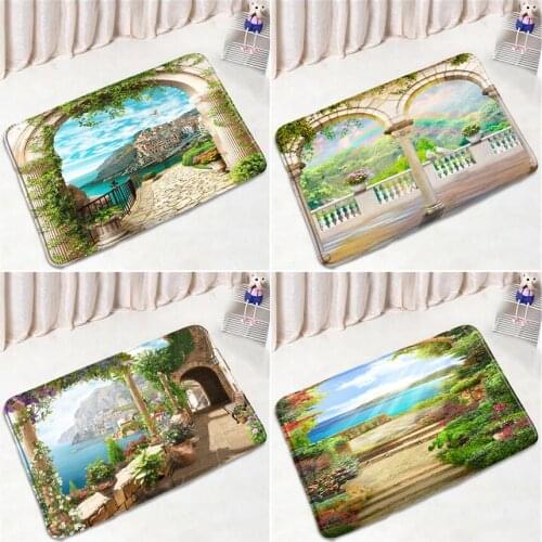 Retro Building Flowers Ocean Scenery Bath Mats European Oil Painting Art Home Door Rug Bathroom Floor Mat Non-slip Carpet Decor