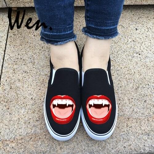 Wen Design Vampire Red Mouth Tooth Fangs Black White Flats Women Shoes Slip On Canvas Men Sneakers Plimsolls Halloween Gifts