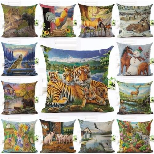 Animal Style Lovely Bear Hedgehog Ostrich Throw Cushion Covers Cotton Linen Headrest Sofa Backrest Square Pillowcase 45*45 Cm