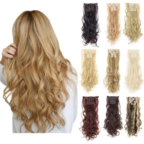 Lelinta 24'' Clips In Hair Extensions Wavy Curly Synthetic Hair Extensions High Temperature Fiber Hairpiece Fake Hair