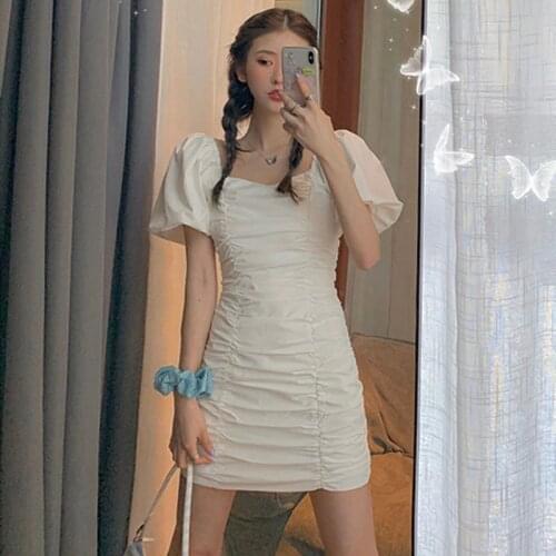Fashion Bag hip Party Puff Sleeve Sexy Wrap Casual Korean Tunics Vintage Mini Short Summer Light Dress Womens Dresses Bodycon