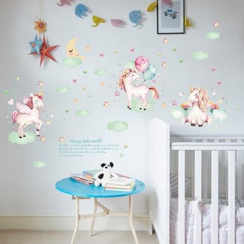 Cartoon Dreamy Pink Pony Beautiful Unicorn Wall Stickers Clouds Stars Moon Decor Kids Room Girl Bedroom Decal Wardrobe Stickers