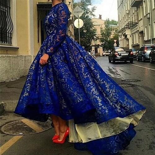 Muslim Evening Dresses Ball Gown Long Sleeves Lace High Low Dubai Saudi Arabic Long Evening Gown Prom Dress