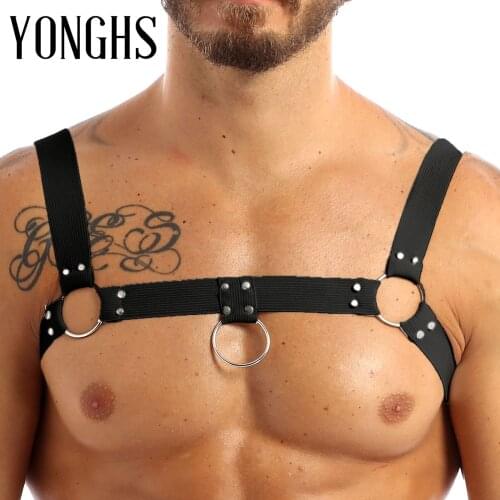 Mens Elastic Wide Shoulder Chest Muscle Harness Belt with Metal O-rings and Rivets Fancy Club Party Costume Strap Accessory