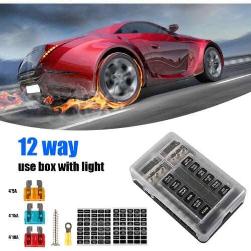 12 Way Blade Fuse Block Box Holder Kit with Negative Bus + 5A 10A 15A Fuses for Car Marine Boat RV Truck 32V Accessories Parts