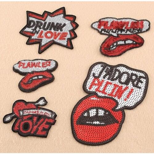New Sequin Punk Style Cloth Sticker Faishon Letter Mouth Computer Embroidered Patch Handmade Patches Decoration Accessories