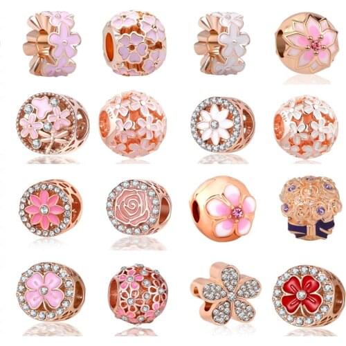 2020 new free shipping 4pcs white pink rose gold daisy rose clover flower diy jewerly bead fit Pandora charms bracelet X079