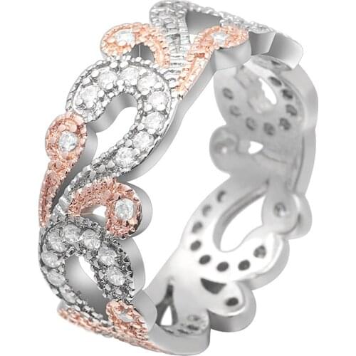 Hainon New Wedding Luxury White Zircon Flower Rings Love Engagement Rose Gold Color Leaf Rings For Women Jewelry