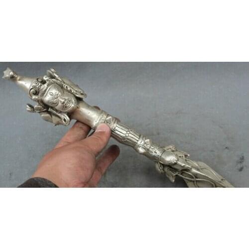 Wholesale factory 14" Tibet Silver Temple Mahakala Buddha Head Statue Phurpa Talismans Dagge Set