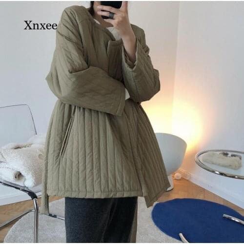 Autumn Soft Warm Parkas Winter Female Niche Design Lazy Round Neck Cotton-Padded Jacket Casual Loose Belt Clothing Overcoat