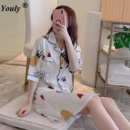 Autumn Printed Casual Silk Sexy Women Sleepshirts Fresh Simple Nightgowns Women Sleepwear Nightdress Loose Nightwear Homewear