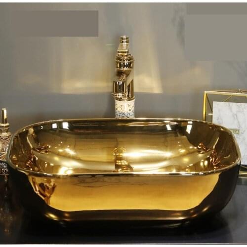 Oval Jingdezhen Bathroom ceramic sink wash basin Counter Top gold ceramic Wash Basin Bathroom Sink
