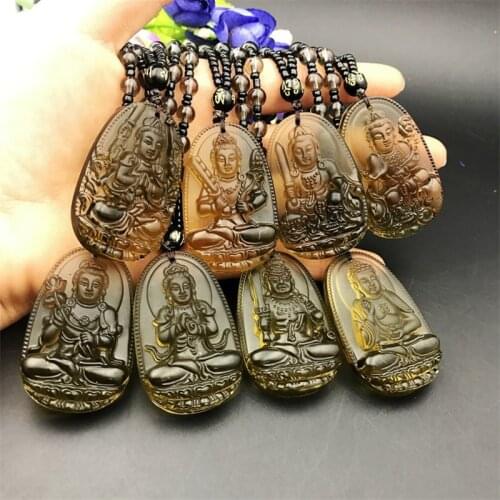 Natural stone black ice obsidian pendant necklace imitation obsidian natal Buddha eight patron saint amulet couple necklace gift