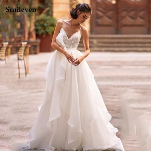 Smileven Luxurious Lace Wedding Dress Organza Bridal Dresses A Line V Neck arabic Vestido De Noiva Wedding Gowns For Girl Custom