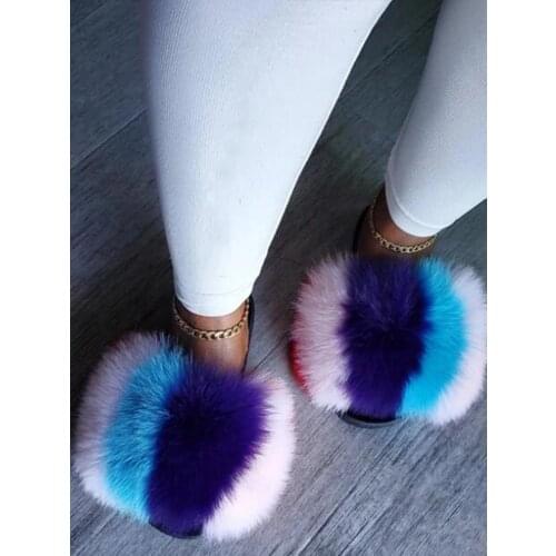 Fur Slides Fashion Summer Ladies High Quality Sandals Fluffy Big Fur Slippers Flat Soft Furry Shoes Women Amazing Fur Slippers