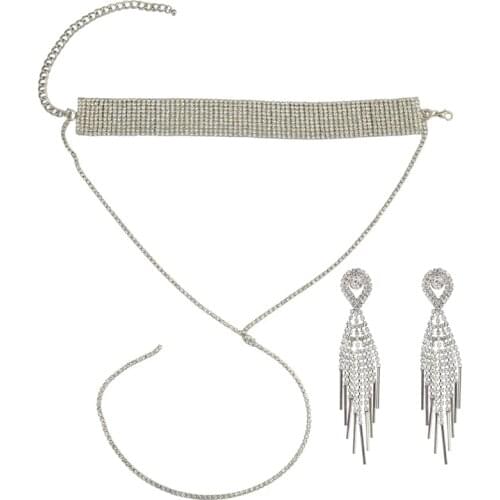 Nightclub Super Sexy Choker Necklace Full Rhinestone Crystal Tassel Collar Necklace Drop Earrings Set For Wedding Bridal Jewelry