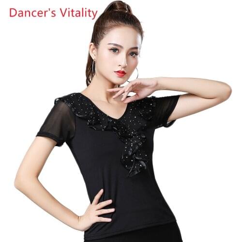 Women Tango Ballroom Tops Waltz Standard Modern Dancing Blouses Performance Wear Top for Foxtrot Quickstep Dance Short Sleeves